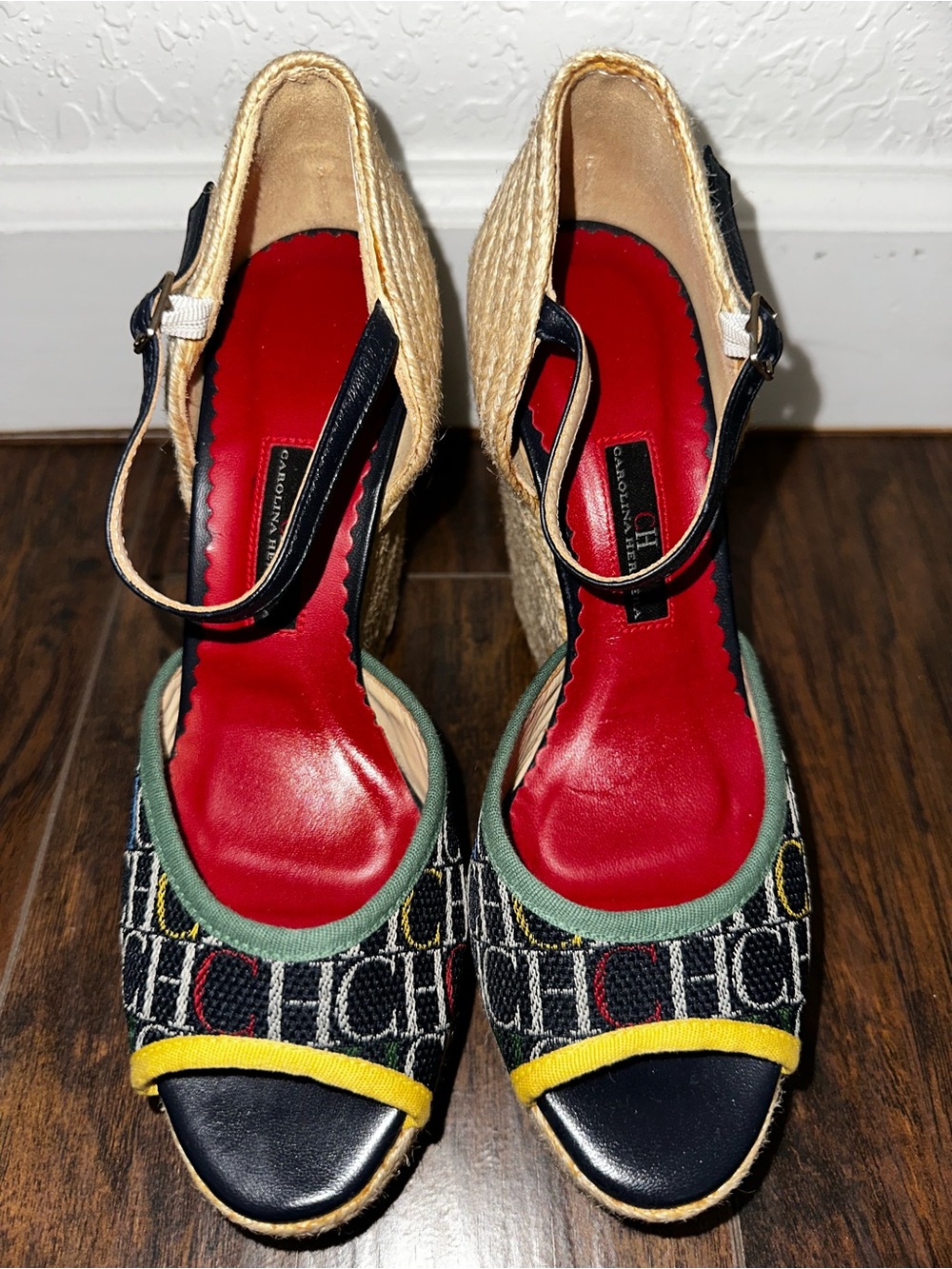 Carolina Herrera Multicolor Logo Espadrille Wedges with Red Insoles size 7